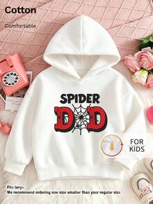 كنزة للأطفال بغطاء رأس، سويت شيرت سميك مبطن بالفليس بطبعة رسومية لحروف "Spider Dad Spider Web" - أبيض - مشاهدة 1