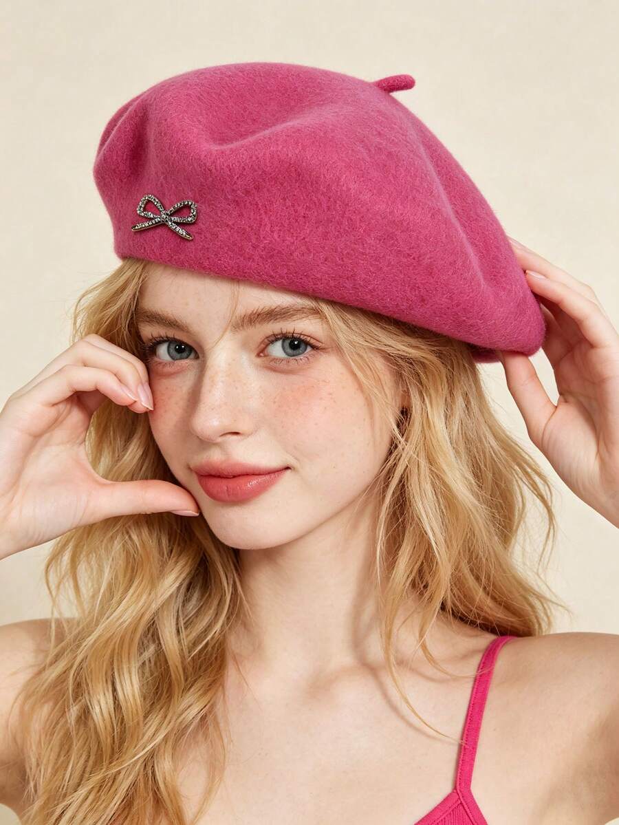 1pc Women's Wool Beret, Vintage French Solid Color Beret, Rhinestone Bow Decor, Warm Soft Felt Hat, Elegant Painter Hat For Autumn/Winter, Suitable For Daily, Party And Street Wear - Bow-tie Beret - View 1