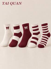 5 Pairs Women's Bowknot Jacquard Mid-Calf Socks, Soft Breathable Cotton Knitted Calf Socks, Burgundy Striped Pattern Socks, Cute Bowknot Decor Ribbed Socks, Versatile Daily Japanese Sweet Style Multi-Pack, Suitable For Women And Girls - Multicolor - View 3