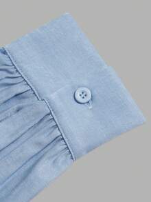 Women Fall Satin‑Like Blouse, Half‑Button V‑Neck Puff Long Sleeve Cuffed Casual Office Shirt - Baby Blue - View 4