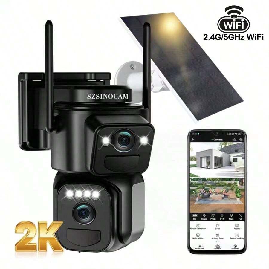 szsinocam 1pc 2K Dual Lens Solar Powered PTZ Camera, 2.4G & 5GHz Dual Band WiFi Outdoor Security Camera, Built-In 6000mAh Battery, Dual View Preview, Full Color Night Vision, AI Human Tracking, Two-Way Audio, Suitable For Home Yard Monitoring - Black - View 1