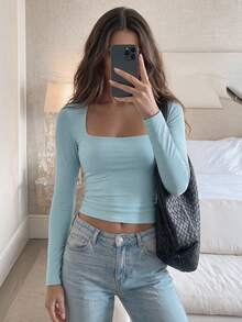 GLAMSKIN 女款春夏基礎款 Y2K 方領長袖修身 T-shirt，純色性感修身短版上衣休閒款 - 水鴨藍 - 查看 9