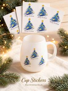 1pc Blue & Gold Christmas Tree Pattern Decorative Sticker With Tweezers, Featuring "Merry Christmas" Text, Adhesive Backing Design, Suitable For Water Cups, Gift Boxes, Containers, Books Surface Decoration - Christmas Style - View 5