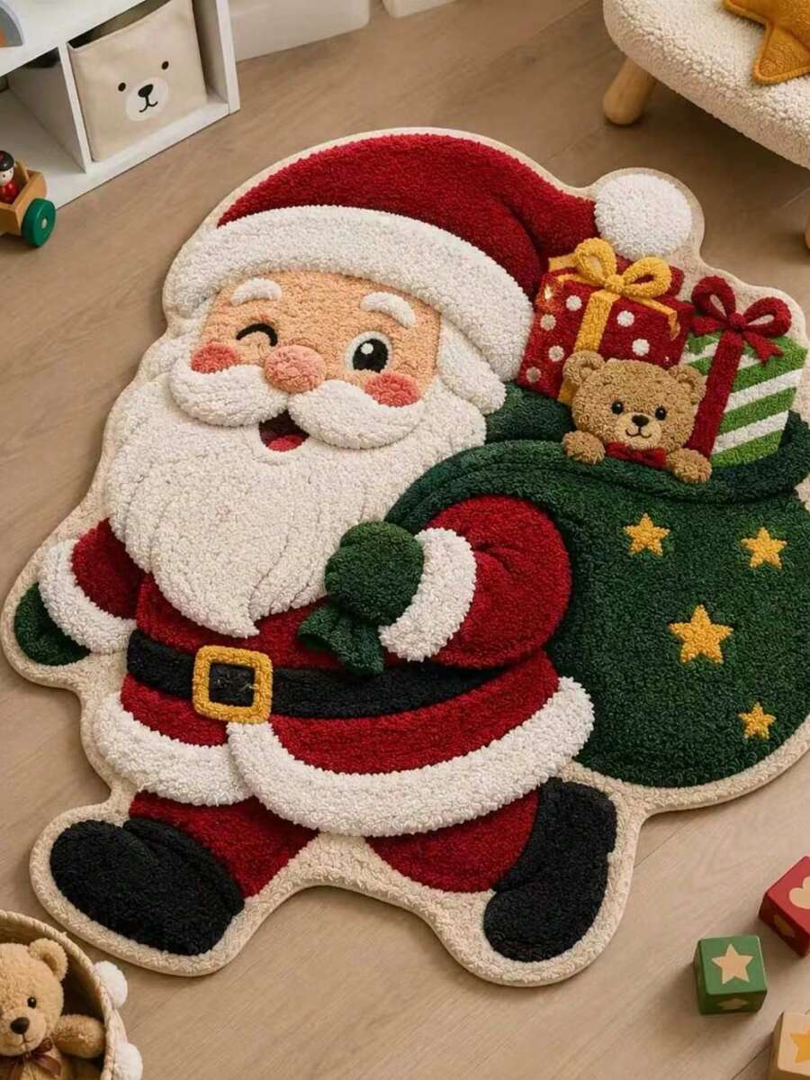 1pc Cartoon Backpack Santa Claus Shaped Rug, Christmas Style, Christmas Festival, Decorative Rug, Bedroom Decor, Small Rug, Carpet, Home Decor, Living Room Rug, Living Room Small Rug, Bedroom Rug, Living Room Home Decor - Multicolor - View 1