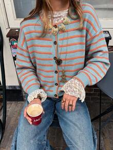Plus Size Women's Round Neck Single Breasted Contrast Color Striped Lantern Sleeve Knit Cardigan, Loose Casual Versatile Autumn/Winter Retro Street Commute Style - Multicolor - View 2