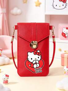 SANRIO 1 Buah Tas Selempang HP Layar Sentuh Wanita Motif Hello Kitty, Dompet Kecil Kulit PU dengan Jendela Transparan, Kantong Bahu Mini Penutup Lipat dan Tempat Kartu - MultiWarna - View 9