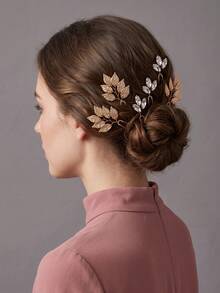 6pcs/Set French Vintage Gold Leaf Crystal Rhinestone Hair Sticks, Greek Goddess Style Braided Hair Decoration Hair Forks, Alloy Hair Accessories - Gold - View 8