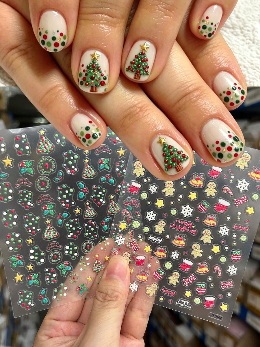 2pcs Red Green Polka-Dot Christmas Nail Art Stickers Cute Gingerbread Man, Christmas Stocking, String Lights, Snowflake Christmas Nail Decals Relief-Style Manicure Decorations - Multicolor - View 1