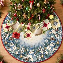 1pc Blue Snowman Pattern Christmas Tree Skirt, Elegant Color Holiday Decor, 5 Sizes, Unisex Holiday Gift, Suitable For Home And Party Christmas Home Decoration - Blues Snowman - View 2