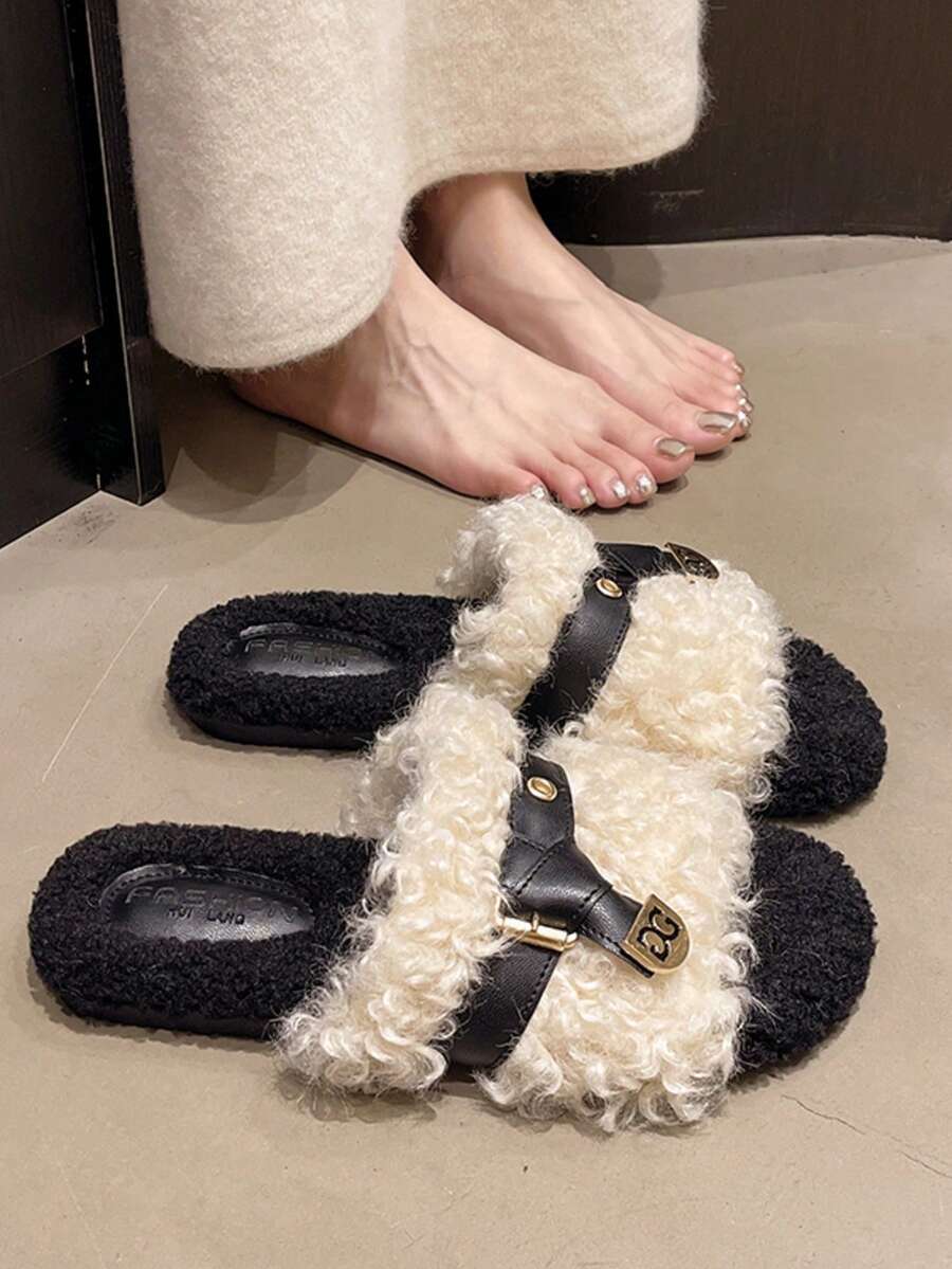 Fluffy Women's Indoor Slippers, Thick-Soled Platform Slippers, Height-Increasing Casual Slippers, Quiet Floor Slippers - Beige - View 1