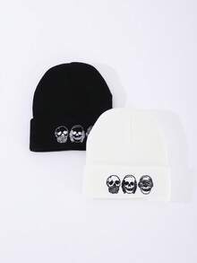 1pc Or 2pcs Men's Embroidered Skull Knit Beanie Hat, Brimless Cap Suitable For Halloween, Autumn/Winter Warmth, Daily Wear And Outfit - A - View 8