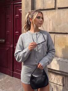 Women's Grey Ribbed Knit Co-Ord Set, Crew Neck Button Cropped Cardigan & Mini Skirt 2 Pieces OutfitFall Casual Slimming Back To School Daily Streetwea - Grey - View 6