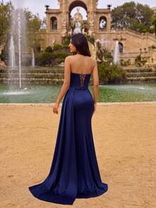 ADYCE Elegant Strapless Cinched Waist Backless Fitted Rhinestone Embellished High Slit Fishbone Tail Evening Gown, Suitable For Party And Wedding - Navy Blue - View 6