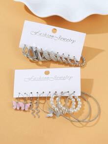 20pcs Faux Pearl Butterfly Snake Pendant Earrings Multi-Piece Set - Silver - View 4