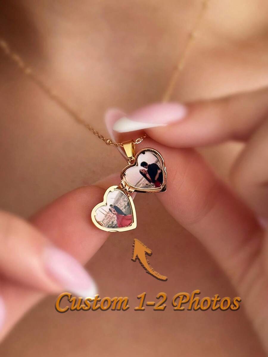 Personalized Diamond Heart Photo Locket Necklace Custom Engraved Locket With Two Pictures Memory Gift For Her/Mom - Multicolor - View 1
