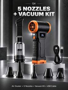Q4 Vakum Nirkabel Portabel dengan Fungsi Hisap dan Tiup, Hingga 110.000 RPM, 4 Kecepatan yang Dapat Disesuaikan, Lampu LED dan Tampilan Persentase Baterai, Isi Ulang USB, Termasuk 5 Nozel dan Komponen Vakum yang Dapat Dilepas, Cocok untuk Pembersihan Interior Mobil, Keyboard dan Sofa, Penggelembungan, Pendinginan dan Lainnya - Wireless - View 14
