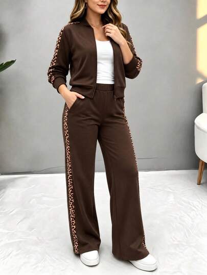 Spring/Autumn Women's Casual Fashion Commute Set, Comfortable Loose Fit Patchwork Leopard Print Hooded Contrast Color Long Sleeve Sweatshirt + Striped Leopard Print Contrast Color Straight Leg Pants 2 Pieces Set, Suitable For Daily Casual Commute, Vacation Wear, Travel Outfit, Beach Style, Minimalist Holiday Outfit