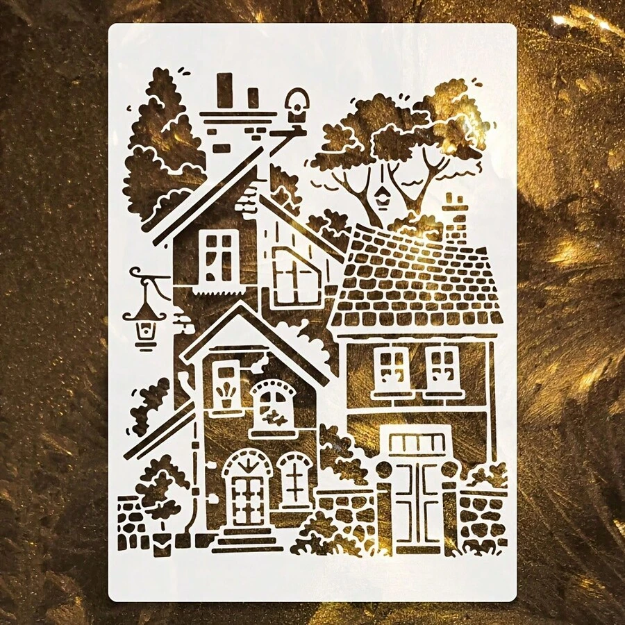 Large Vintage House Stencil, Suitable For Painting Scrapbooking Collage - Reusable Patterned Base Plate, Applicable For DIY Crafts Wall Floor Furniture Canvas - 11.7 Inch X 8.3 Inch Stencil - A - View 1