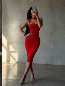 Summer Sexy Halter Red Ribbed Midi Bodycon Dress For Women Bandage Dress Elegant Night Out Evening Cocktail Party Dress - Red - View 8