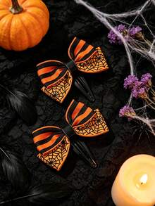 Halloween Striped Spider Web Bow Hair Clip, Orange & Black Star Satin Ribbon Bow Top Clip, Women's Spooky Party Cosplay Hair Accessory - Orange - View 7