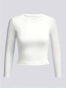 1Pc Women Solid Crew Neck Cuff Long Sleeve Top,Stretchy Slim Y2K Cropped Tee For Date & Going Out - White - View 3