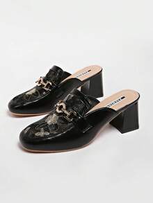 Women's Plus Size Beige Round Toe Mule Shoes, White Floral Embroidery Mesh Patchwork Rhinestone Metal Buckle Decor Chunky Square Heel Slip-On Backless Loafer Slides, Elegant Fashion Mule Shoes, Suitable For Daily Wear, Wedding, Party, Spring/Summer - Black - View 1