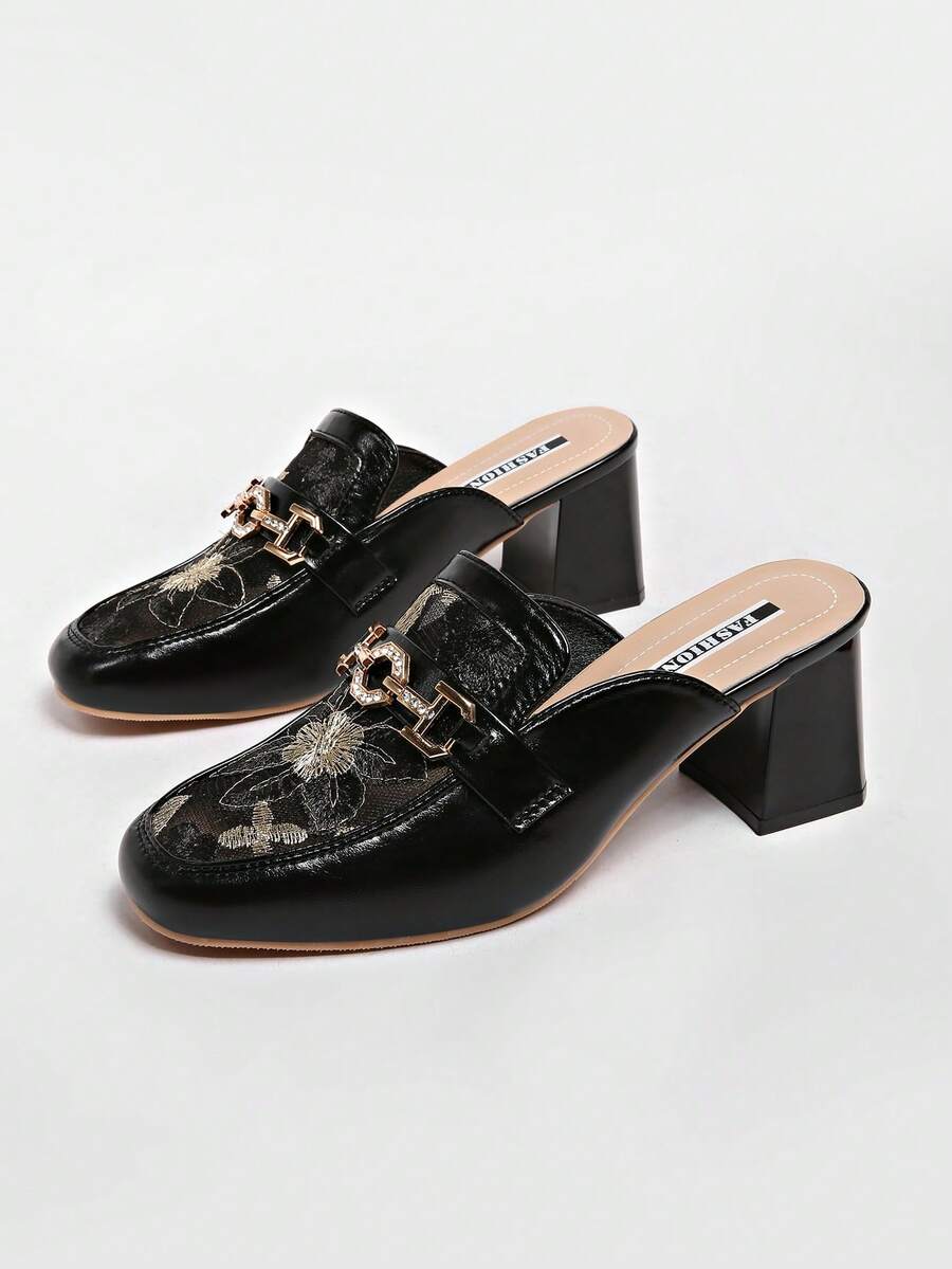 Women's Plus Size Beige Round Toe Mule Shoes, White Floral Embroidery Mesh Patchwork Rhinestone Metal Buckle Decor Chunky Square Heel Slip-On Backless Loafer Slides, Elegant Fashion Mule Shoes, Suitable For Daily Wear, Wedding, Party, Spring/Summer - Black - View 1