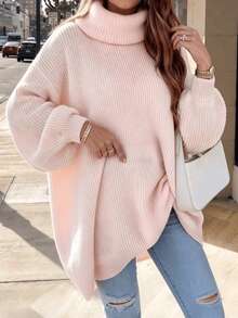 Plus Size Pink Turtleneck Plus Size Sweater, 2026 New Arrival Ribbed Knit Long Sleeve Pullover, Casual Loose Jumper For Fall Winter Daily Wear - Pink - View 1