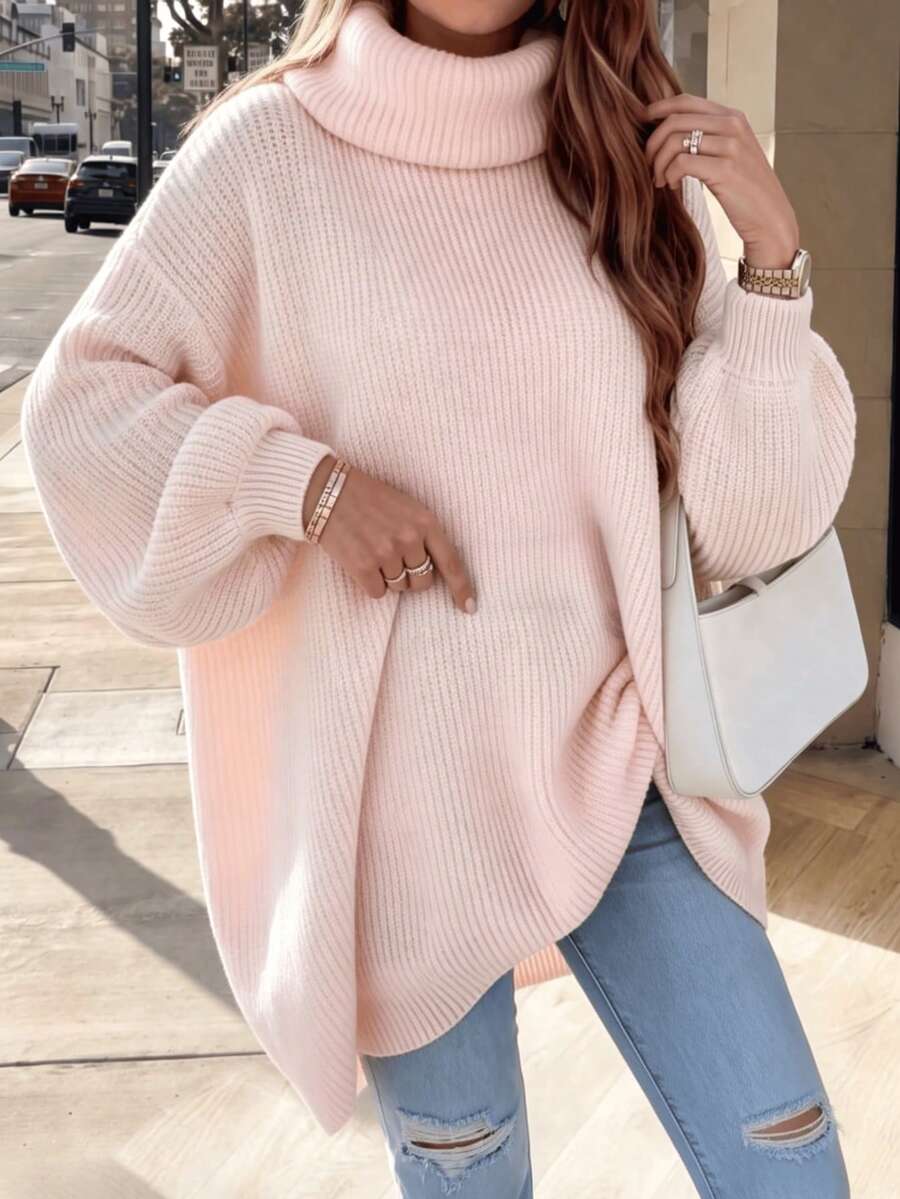 Plus Size Pink Turtleneck Plus Size Sweater, 2026 New Arrival Ribbed Knit Long Sleeve Pullover, Casual Loose Jumper For Fall Winter Daily Wear - Pink - View 1