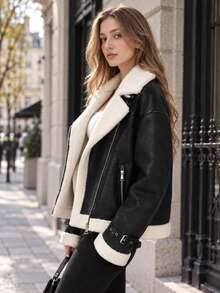 Women's Faux Leather Shearling Trim Biker Jacket, Zip Front Long Sleeve Aviator Jacket - Black - View 4