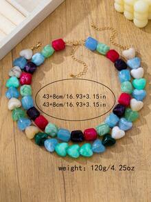 OABE 2pcs/Set Bohemian Style Colorful Heart And Asymmetrical Shape Handmade Mixed Beaded Necklace Layered Design Suitable For Women Daily Wear, Bead Shape And Color Random - Colorful - View 5