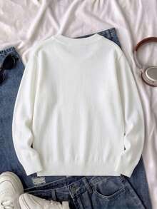 Boys' College Style Solid Color Cable Knit Crew Neck Long Sleeve Pullover Sweater, Suitable For School, Daily Casual Wear, Spring, Autumn, Winter - White - View 4
