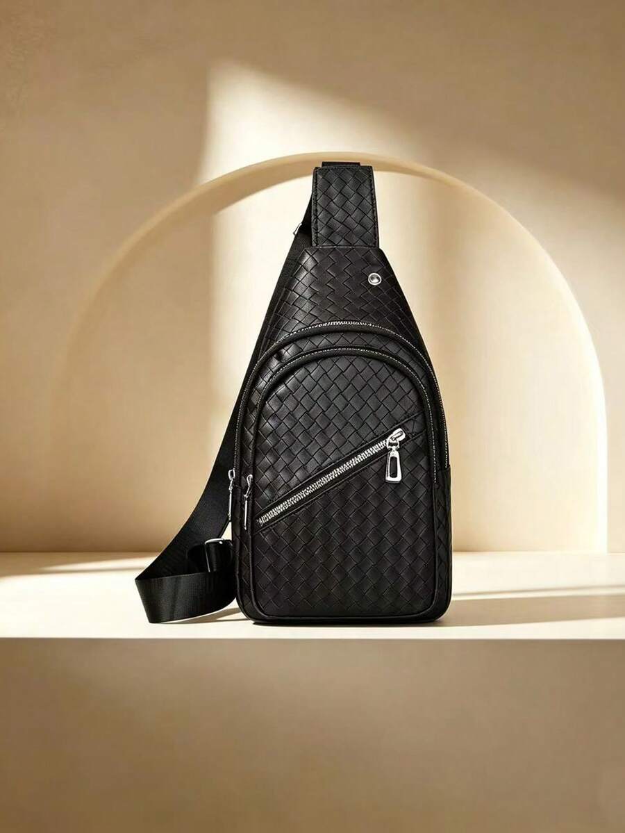 Men's Woven Sling Chest Bag, PU Leather Crossbody Backpack, Casual Daypack For Daily Travel Outdoor - Black - View 1