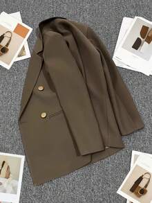 Spring/Summer Women's Solid Color Long Sleeve Double-Breasted Blazer, Notch Lapel | Suitable For Dates, Parties, Outings And Holiday Celebrations - Coffee Brown - View 8