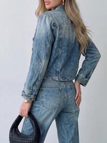 Women's Fashion Vintage Denim Jacket, Long Sleeve Stand Collar Short Coat With Zipper And Decorative Buttons - Light Wash - View 4