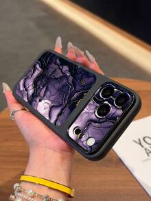1pc Purple Tone Gold Marble Fluid Tie Dye Pattern Large Window Phone Case, Ins Luxury High-End Style; Black Matte Marble Texture Phone Case, Raised Lens Full Coverage Anti-Drop Soft Shell, Suitable For Personal Use, Valentine's Day, Birthday Gift Choice; Compatible With IPhone Case & Galaxy Case - Black - View 6
