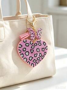 Creative Personalized Heart-Shaped Leopard Print Rhinestone Keychain Bag Charm Pink & Minimalist Daily Wear Gift Key Chain - Multicolor - View 6
