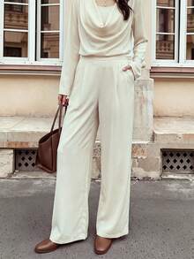 Fall Women High Waist Pleated Wide Leg Pants, Elastic Back Waist Casual Trousers With Pockets - Apricot - View 1