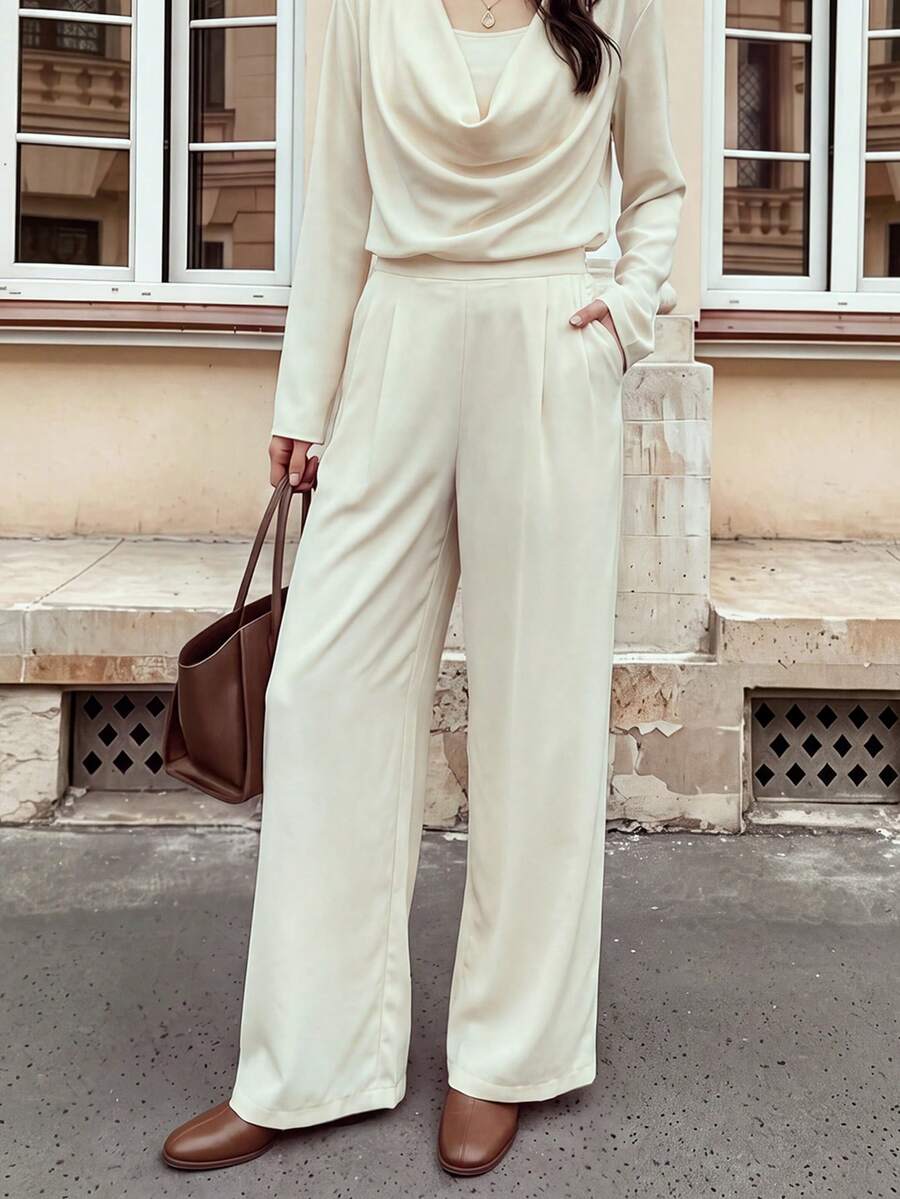Fall Women High Waist Pleated Wide Leg Pants, Elastic Back Waist Casual Trousers With Pockets - Apricot - View 1