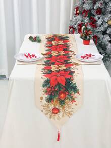 1件裝聖誕亞麻波斯菊桌旗帶流蘇，183*33cm聖誕桌布，紅金波斯菊與冬青莓果圖案，桌布，聖誕快樂，聖誕裝飾，聖誕裝飾，聖誕裝飾，聖誕餐桌裝飾，廚房餐桌裝飾，節日餐桌中心裝飾，節日派對裝飾，冬季家居裝飾，室內外通用 - 彩色 - 查看 4