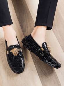 GAISIMA Men's Black Crocodile Embossed Loafers, Gold Metal Decor Luxury Slip-On Dress Shoes, Suitable For Business Banquets - Black - View 2