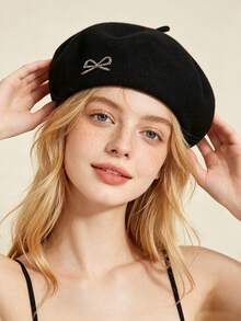 1pc Women's Wool Beret, Vintage French Solid Color Beret, Rhinestone Bow Decor, Warm Soft Felt Hat, Elegant Painter Hat For Autumn/Winter, Suitable For Daily, Party And Street Wear - Bow-tie Beret - View 3