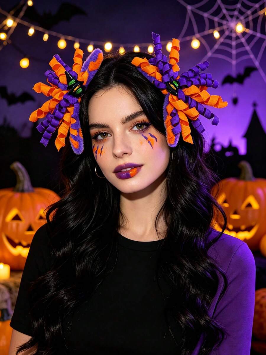 Kẹp tóc ruy băng xoắn Halloween, kẹp tóc cá sấu trang trí mũ phù thủy, phụ kiện tóc cosplay tiệc phong cách gothic cho nữ - Nhiều màu - Xem 1