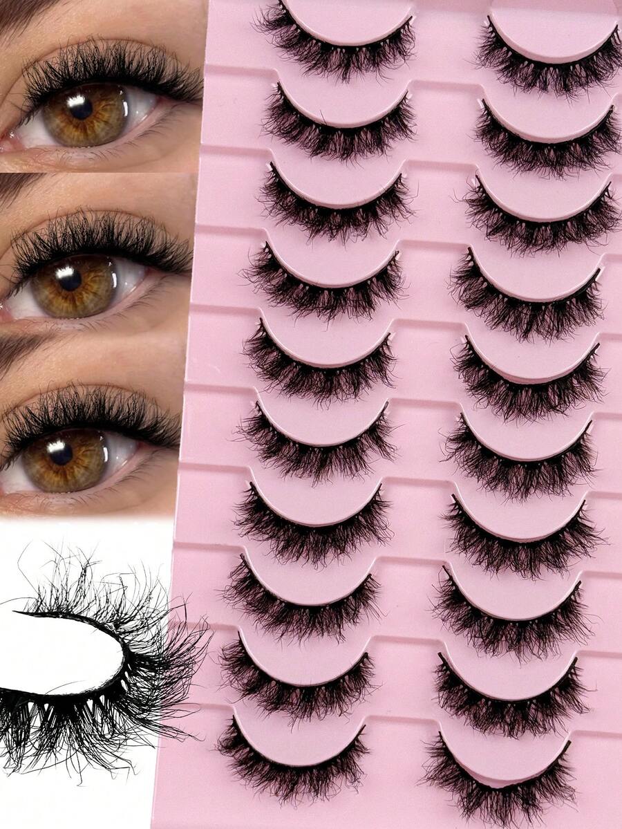 Hinarin 10 Pairs False Eyelashes D Curl Fluffy Thick Short Strip Lashes Natural Look Messy Faux Mink Reusable Soft Wispy Fake Eyelashes For Makeup Strip Lashes,Lashes,Eyelashes,Fake Lashes