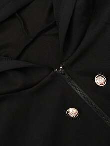 Women's Double-Breasted Long Sleeve Hooded Sweatshirt & Loose Pants Set - Black - View 8