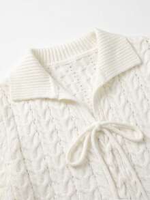 VIBEWAVE White Collared Tie-Up Cable Knit 2 Pieces Set, European & American Casual Relaxed Style Cable Long Sleeve Top + Wide Leg Pants, Spring/Autumn Home, Cafe, Travel Slouchy Outfit Set - White - View 6