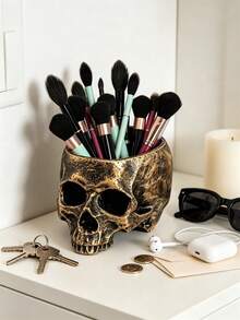 1pc Resin Skull Planter, Multi-Functional Gothic Skull Storage Container, Succulent Plant Decorative Vase, Makeup Brush Holder Candy Bowl, Dark Home Desktop Ornament, Halloween Spooky Season Decor - Multicolor - View 10