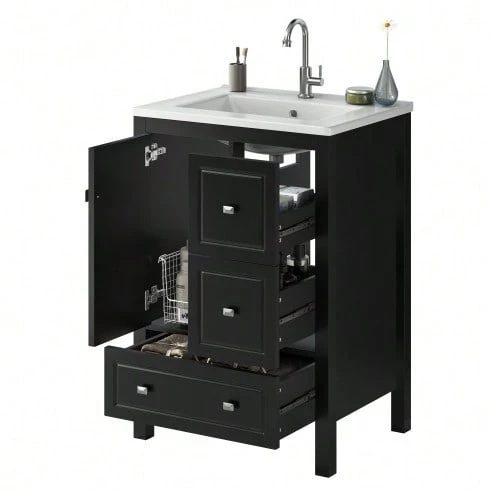 62*47*90cm, Freestanding Bathroom Vanity, Ceramic Sink, Lacquered Surface, Large Storage Space, Soft-Close Drawers, Soft-Close Hinges, White. - Black - View 1