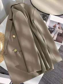 Spring/Summer Women's Solid Color Long Sleeve Double-Breasted Blazer, Notch Collar | Suitable For Dating, Parties, Outings And Holiday Celebrations - Khaki - View 7