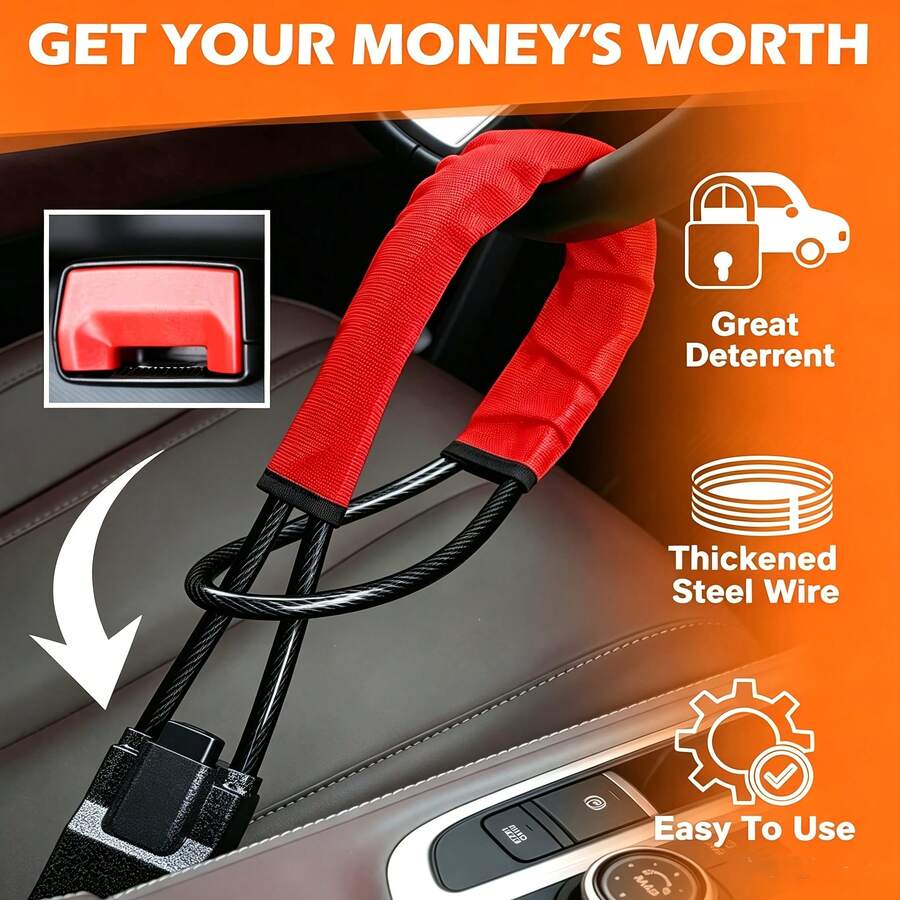 1pcUniversal Car Anti-Theft Lock – 2-In-1 Steering Wheel And Seatbelt Safety Lock, Heavy-Duty Steel Cable Vehicle Lock. Easy-To-Install Anti-Theft Device For Most Cars, Trucks, And SUVs – No Battery Required.